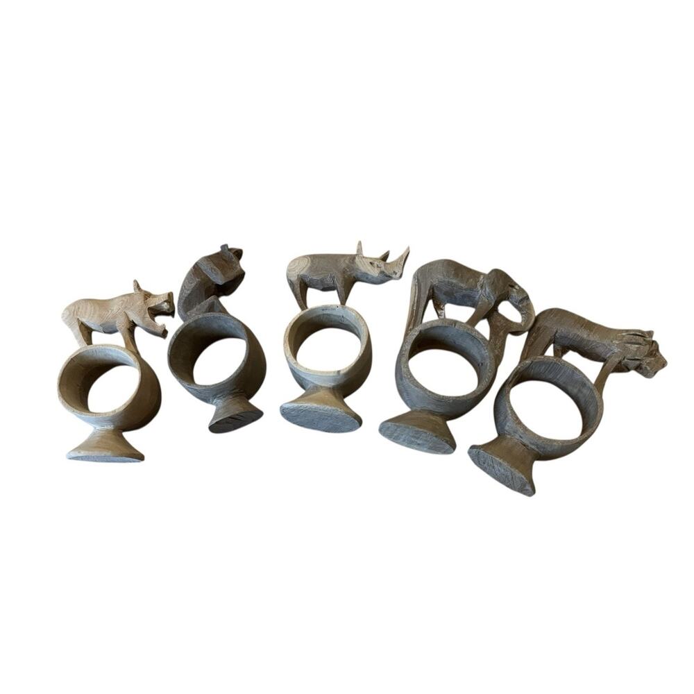 5 pc Set Hand Carved Wood African Safari Animal Napkin Rings Primitive